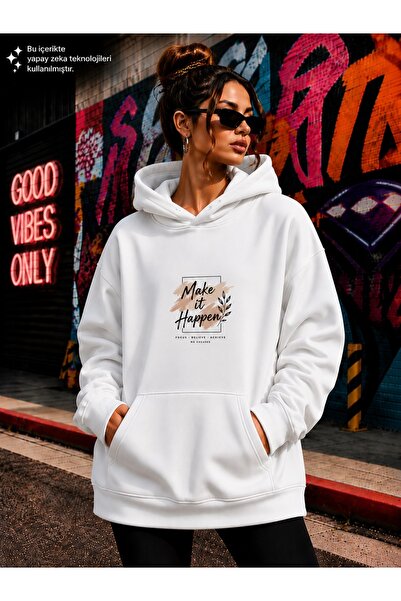 EMMODA Women's Typographic Make It Happen Graphic Printed Hooded Kangaroo Poc...