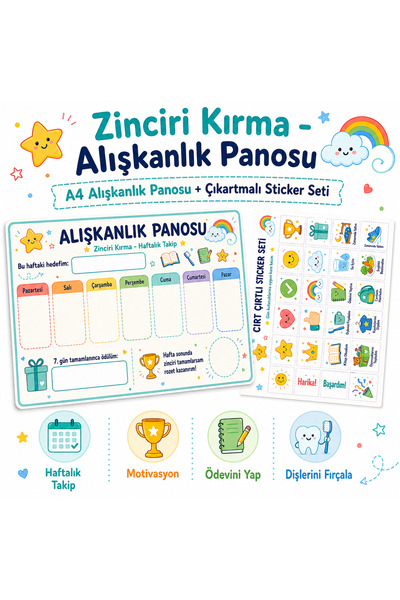 Zinciri Kırma Alışkanlık Panosu | Ödevini Yap, Dişini Fırçala | A4 Boyutunda Haftalık Takip Çizelgesi | Kendin Yap Cırt Cırtlı Stickerli