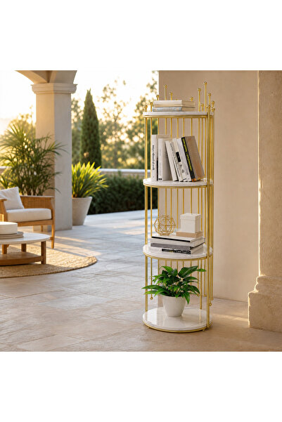 MODALITE Set de 2 etajere decorative rotunde cu 4 polițe, aspect de marmură, 32 × 32 × 95 cm, auriu și alb
