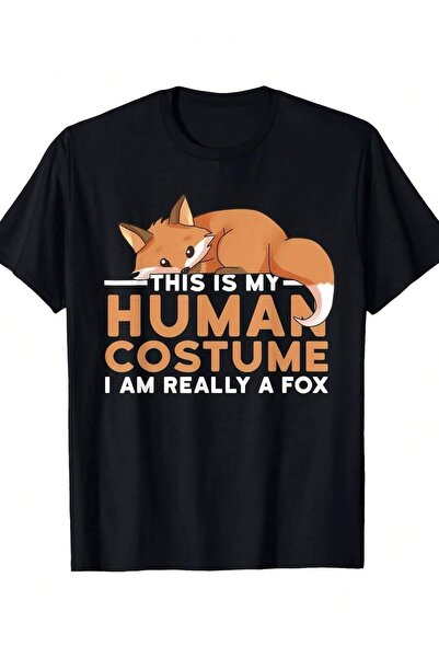 25W تي شيرت رجالي بنمط "This Is My I Am Actually A Fox" - أسود، كاجوال، بأكما...