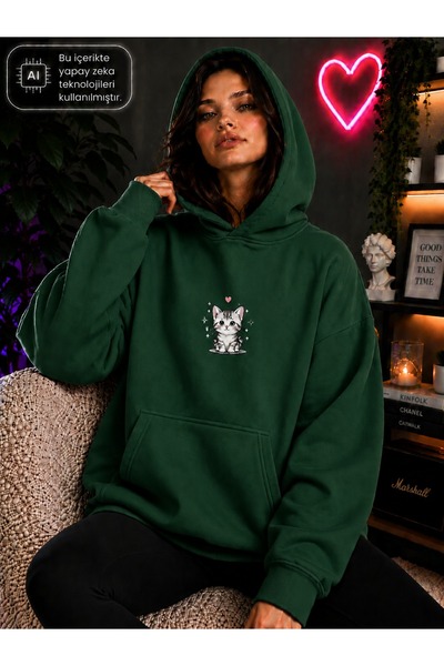 caddekombin Women's Cute Kitten Printed Hooded Kangaroo Pocket Cotton Casual ...