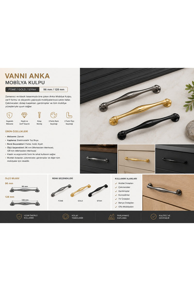 Anka Mobilya Kulpu - Füme / Gold / Siyah - 96 mm / 128 mm