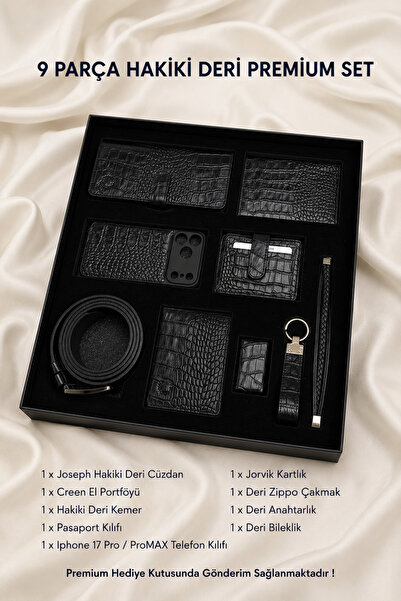 CüzCan iPhone 17 Pro Compatible 9 Piece Genuine Leather Men's Gift Set Croco ...