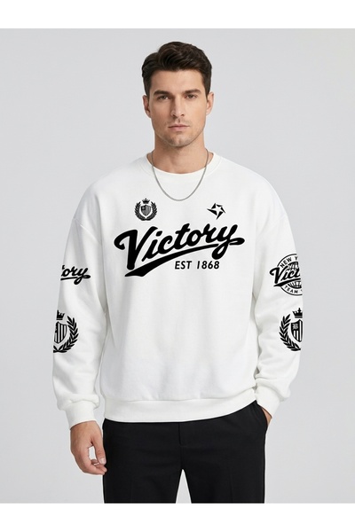 ZAVIXO Oversize Sweatshirt Victory Lettering and Emblem Printed Sleeve Detail...