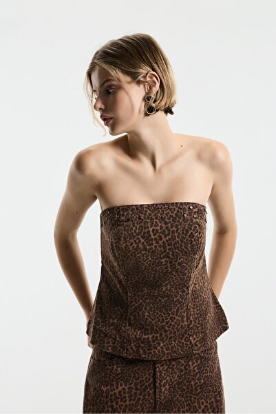 LEFTIES Zımba detaylı leopar desenli bandeau bluz