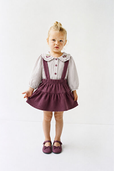 Tifina Kids Baby Girl 2-Piece Salopet Set, Collar Embroidered Muslin Shirt, S...