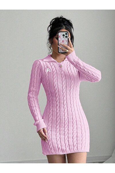 S.ÇLK Women's Polo Collar Hair Knit Patterned Button Detailed Long Sleeve Min...