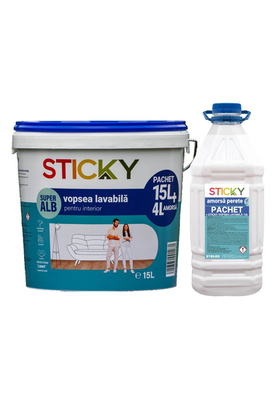 Sticky Vopsea lavabila interior Sticky, alb, 15 L + amorsa 4 L