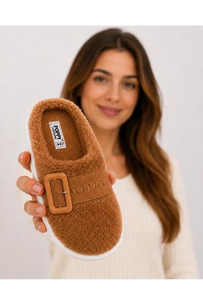 redtan Women's Tan Plush Slippers with Furry Buckle, Warm Sole, Comfortable W...