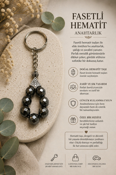 OSMANLI DOĞAL TAŞ Certified Faceted Hematite Keychain