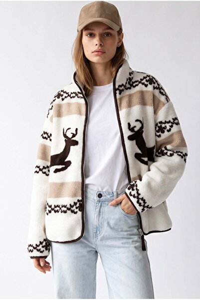 Mixray 4981 Hanorac din fleece cu textură moale, cu buzunare și motiv cu cerb...