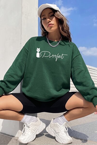 uyguntarz Unisex Cat Purrfect Printed Crew Neck Sweatshirt