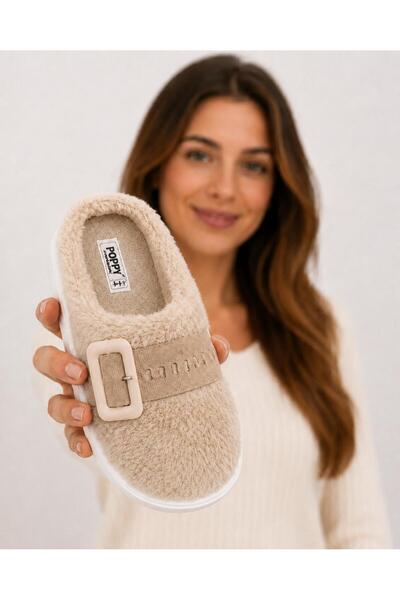 redtan Women's Beige Plush Slippers with Furry Buckle, Warm Sole, Comfortable...