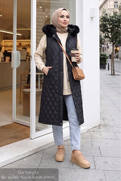 MODAQU Hooded Fur Detailed Zippered Quilted Vest Black