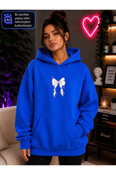 caddekombin Women's Minimal White Ribbon Printed Hooded Kangaroo Pocket Cotto...