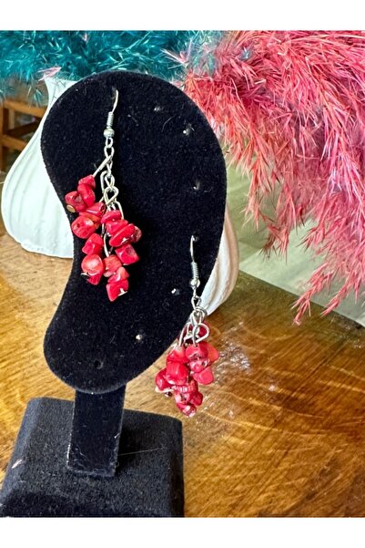 Gönülden Tasarım Red Natural Stone Women's Earrings 7 cm