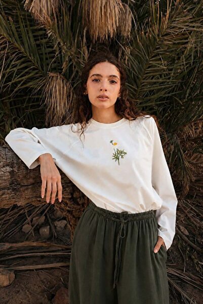 Ceylan Otantik Ecru Daisy Embroidered Single Jersey Raglan Sleeve Bodysuit