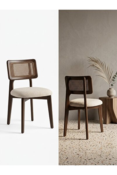 TIMELESS HOME %100 Masif Ceviz Renk Ahşap Zion Sandalye - Doğal Rattan Hazera...