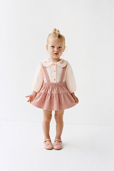 Tifina Kids Baby Girl 2-Piece Salopet Set, Collar Embroidered Muslin Shirt, S...