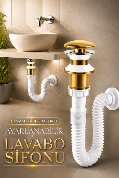 Badem10 Popup Seramik Bas Aç Lavabo Sifonu Altın Gider Körüklü Boru Koku Önle...