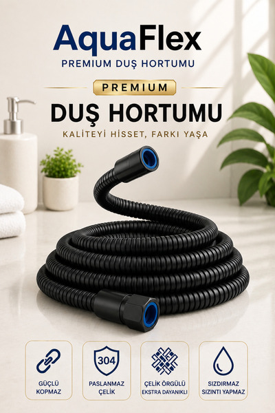 AquaFlex Duş Hortumu Siyah | 150cm | Sızdırmaz | Kopmaz | Kolay Montaj |