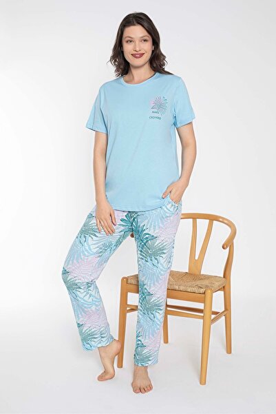 I BIZA Mavi Tropik Desenli Kısa Kollu %100 Pamuk Kadın Pijama Takımı