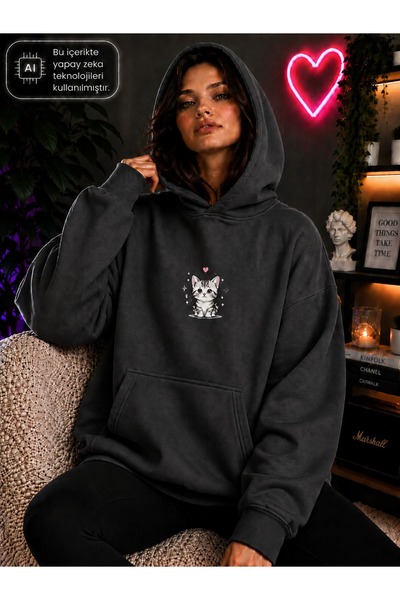 caddekombin Women's Cute Kitten Printed Hooded Kangaroo Pocket Cotton Casual ...