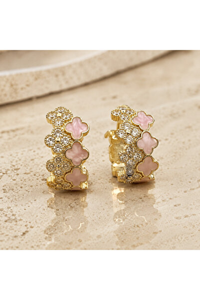 BLUEVELL JEWELRY Kadın Çelik Küpe Altın Kaplama Pembe Yonca Taşlı Şık Halka Küpe
