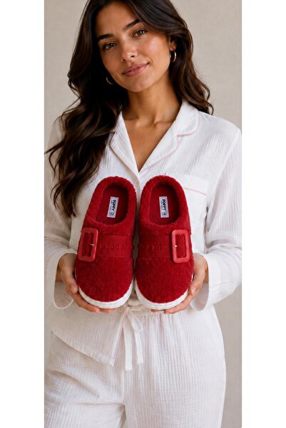 redtan Women's Red Plush Slippers with Furry Buckle, Warm Sole, Comfortable W...