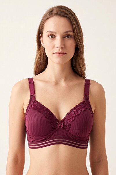 hadiora Women's Plum Lace Detailed Gathering Unpadded Wide Strap Non-Support Bra