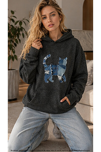 caddekombin Women's Denim Effect Cat Figure Print Hooded Cotton Casual Sweats...