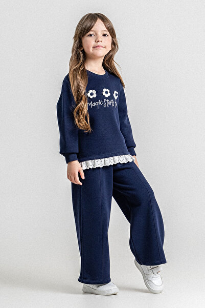 kinderos Floral and Lace Detailed Three Yarns Girls' Double Set - 26K 6415