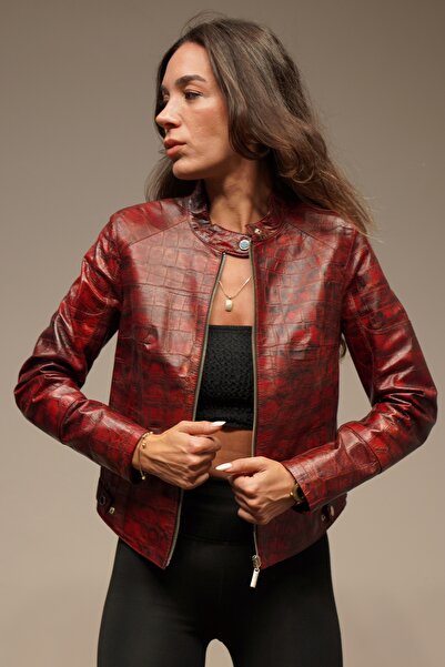 Kırmızı Desenli Crop Deri Biker Ceket - Bordo