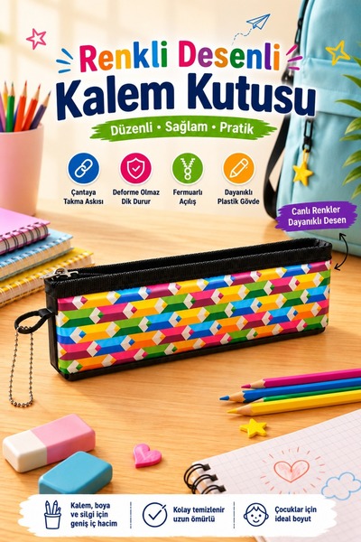 Nandy Kids Renkli Kalem Desenli Sert Gövdeli Çocuk Kalem Kutusu Fermuarlı ve ...