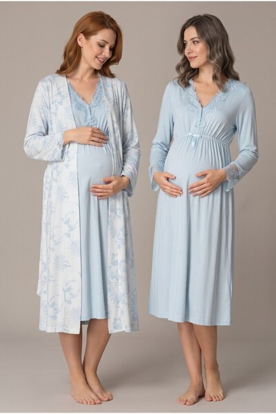 Pelin Women's Blue Floral Patterned Buttoned Lace Long Sleeve Dressing Gown M...