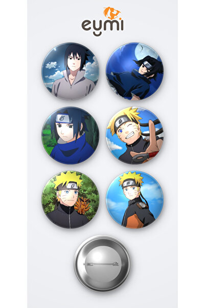 Eymi Design Naruto Sasuke Uchiha ve Uzumaki 6'lı Metal Rozet Seti 58mm İğneli...