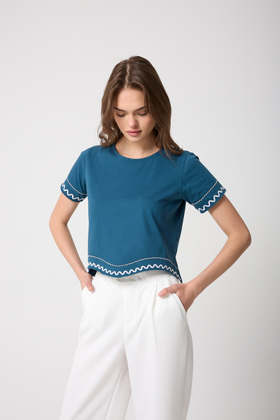 urban wear URBAN KADIN PETROL Nakışlı Lazer Kesim Tasarım Tişört - 2520