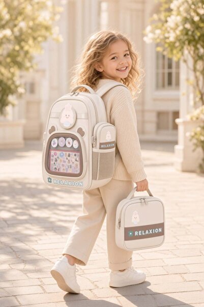 DODOMAR School Bag Set of 3 Beige Cream Backpack Nutrition Pencil Holder Orth...