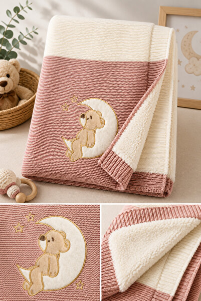 Mou&Kou Soft Teddy Bear Embroidered 90X90 Welsoft Knitwear Baby Blanket