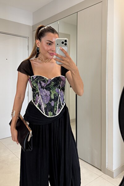 Gizem Ecemiş Samira Purple Lace Detailed Patterned Corset Bustier