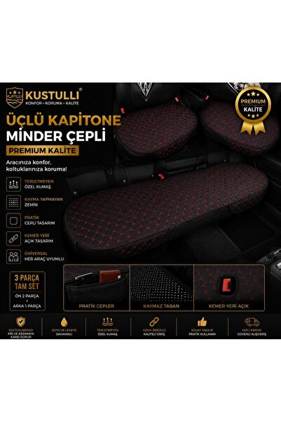 KUSTULLİ 3'lü Kapitone Terletmeyen Oto Koltuk Minder Cepli Model (Kırmızı)