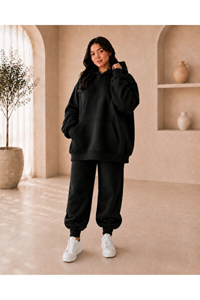 Joetsu Women's Plus Size 3 Thread Oversize Hooded Sweatshirt and Black Jogger...