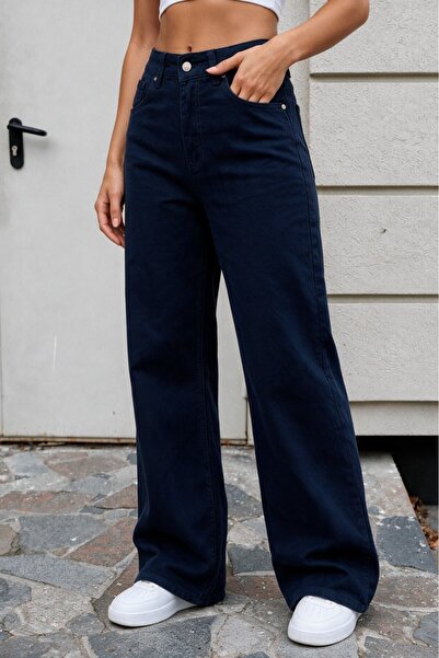 BİKELİFE Women's Dark Navy Blue Wide Leg High Waist Jeans