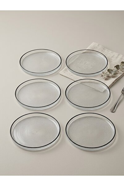EVBİENTE Minay Siyah Kenarlı Dokulu Cam Pasta Tabağı 16cm 6'lı Set