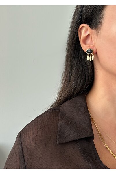ringbox Black Stone Dangle Gold Earrings