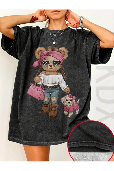 MSEF Women's Bear Print Y2K Streetwear T-Shirt, Unisex Cotton Top