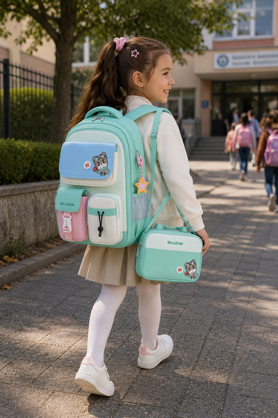 DODOMAR School Bag Set of 3 Green Backpack Lunch Bag Pencil Case Set Orthoped...