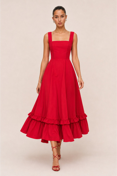 LADYA COLLECTION Red Square Neck Midi Dress with Ruffle Detail at the Hem