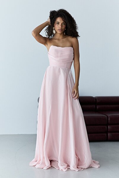 Serica Moda Powder Strapless Collar Draped Chiffon Long Evening Dress