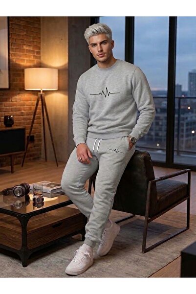 WOODROFFE Unisex Heartbeat Printed Crew Neck Tracksuit Set Oversize